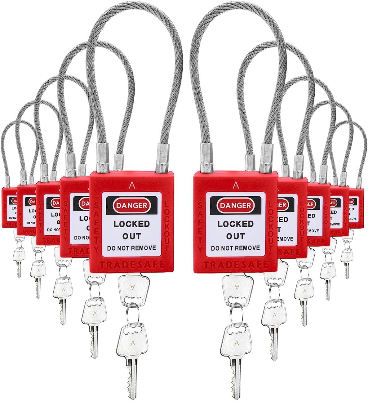10 Red Keyed Alike Steel Cable Lockout Padlock Set L37966