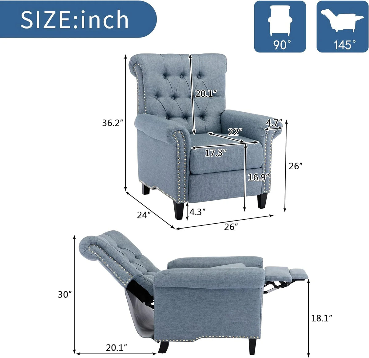 Blue Linen Tufted Recliner Sofa X19591