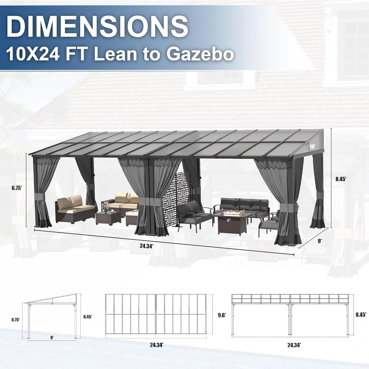 10x24FT Hardtop Wall Mounted Gazebo with Metal Frame and Curtains, Grey J688