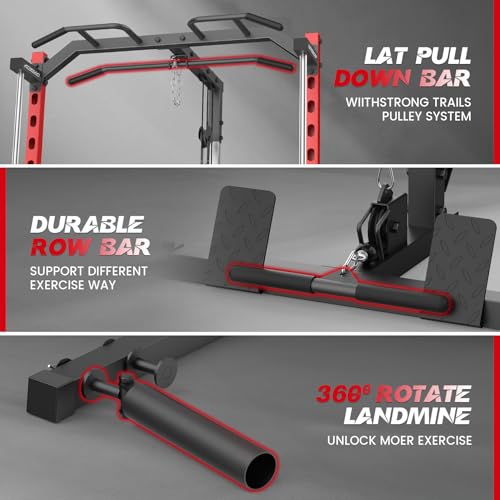 Smith Machine with LAT-Pull Down, Power Cage with Cable Crossover, Squat Rack with Landmine, Barbell Bar, Plate Storage Pegs J3365