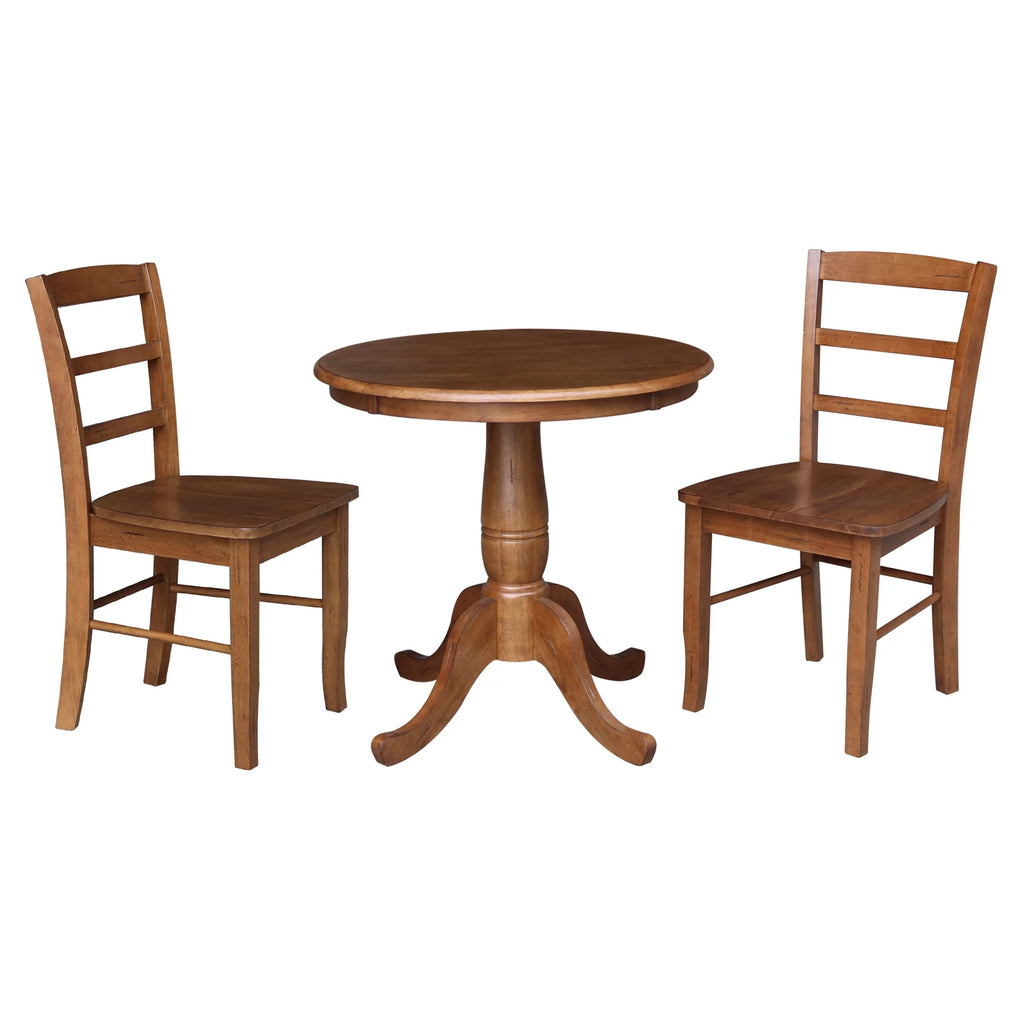 30'' Round Solid Wood Pedestal Dining Table with 2 Ladder Back Chairs Y590422