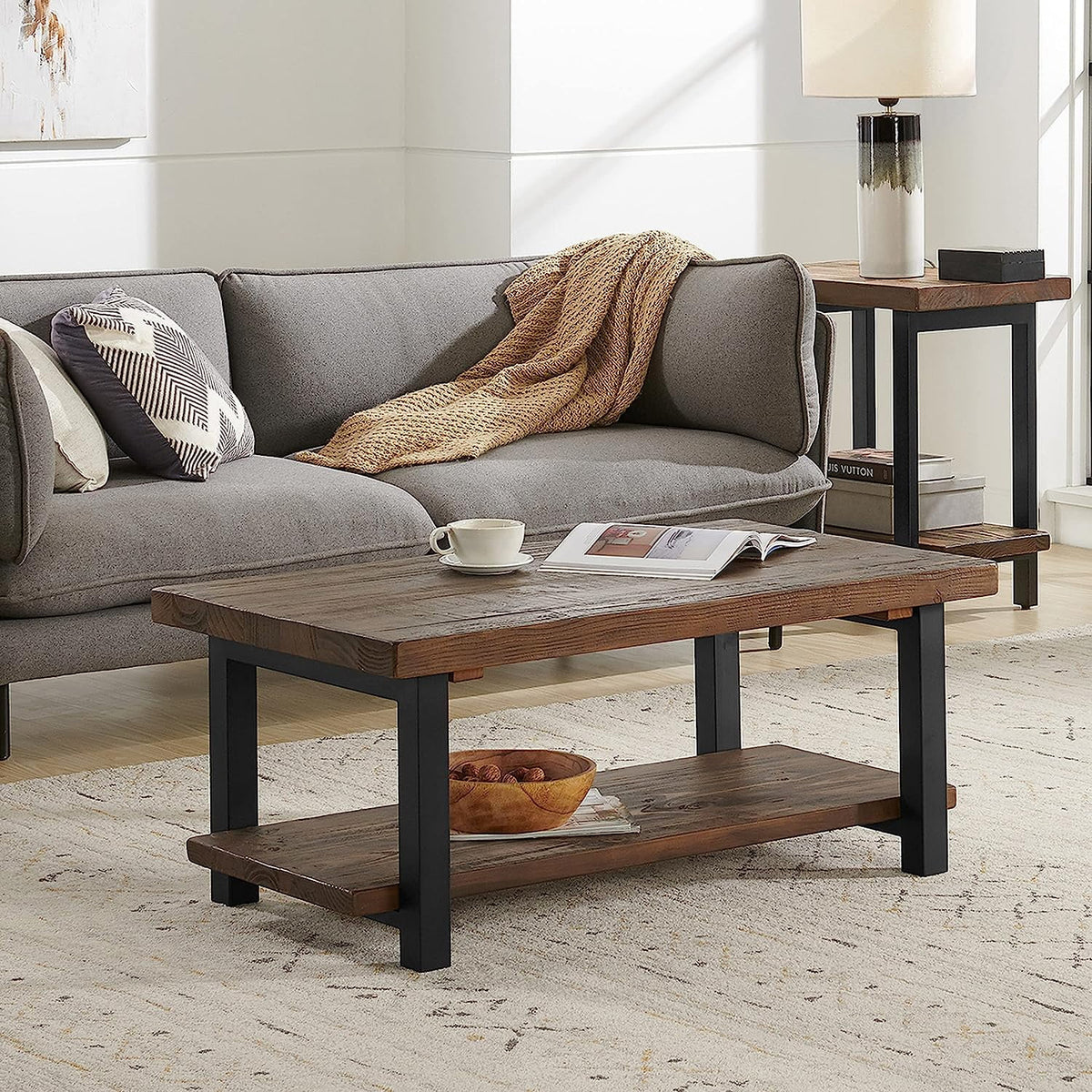 Rustic Industrial Metal and Solid Wood Coffee Table 42 in x 24 in x 18 in Brown K284