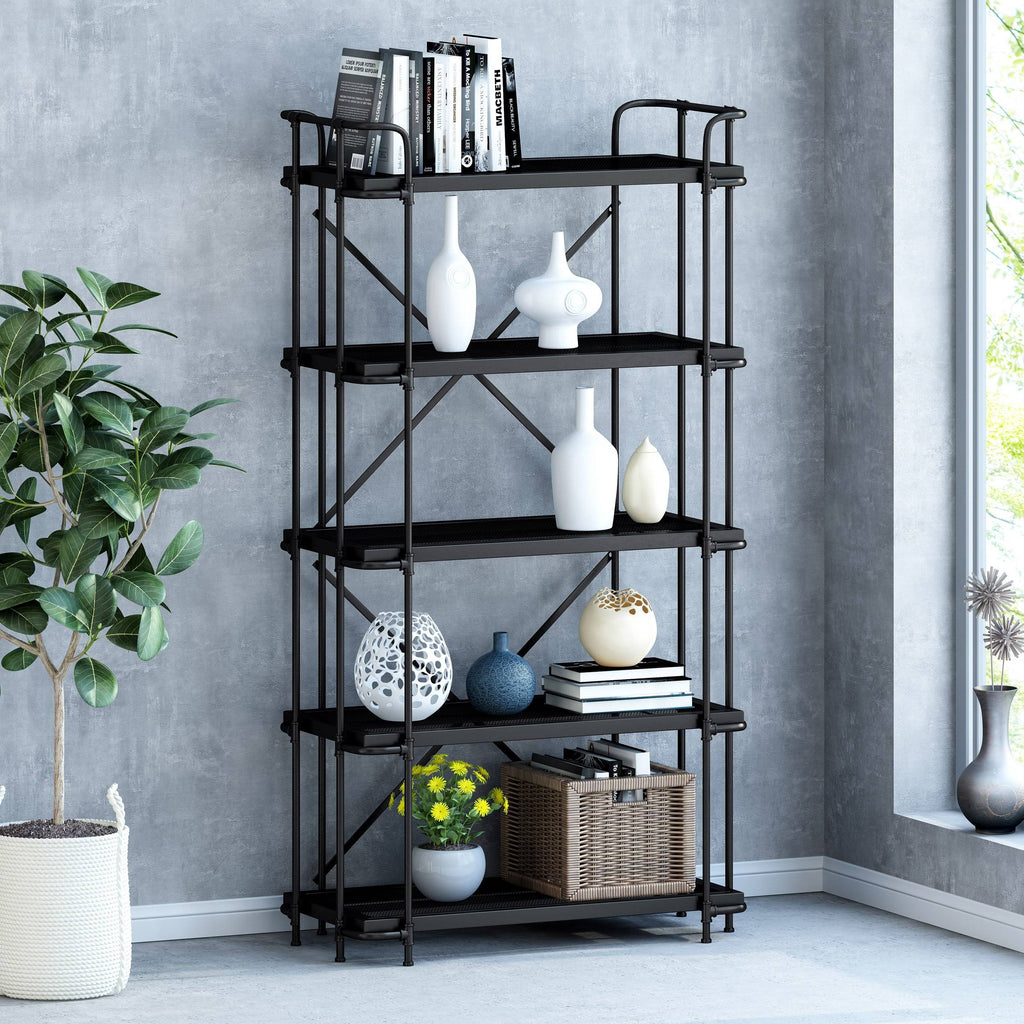 5-Shelf Industrial Metal Pipe Bookcase S116