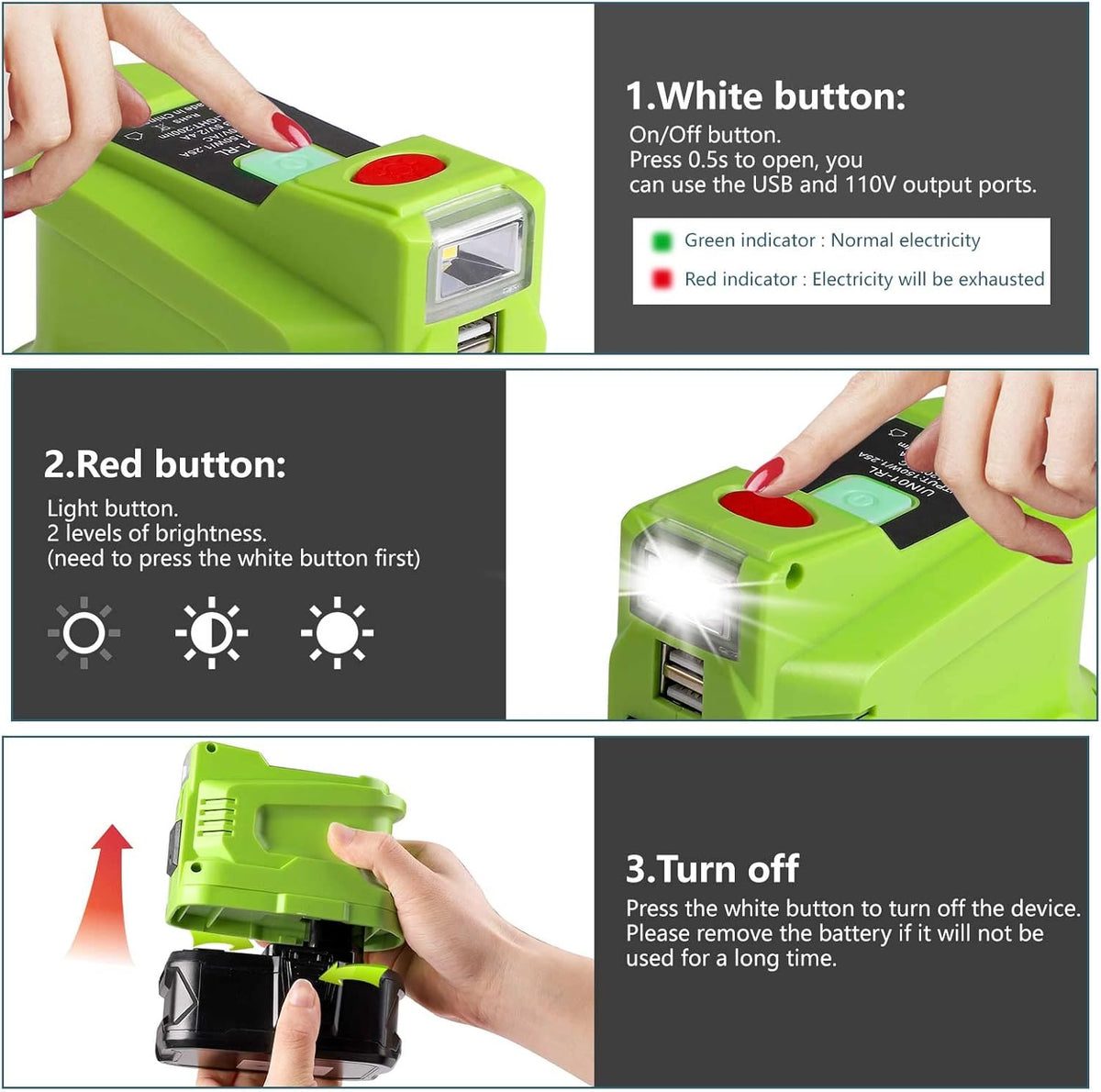 150W Power Inverter for 18V Battery with 2 USB, LED Light, AC Outlet J9862