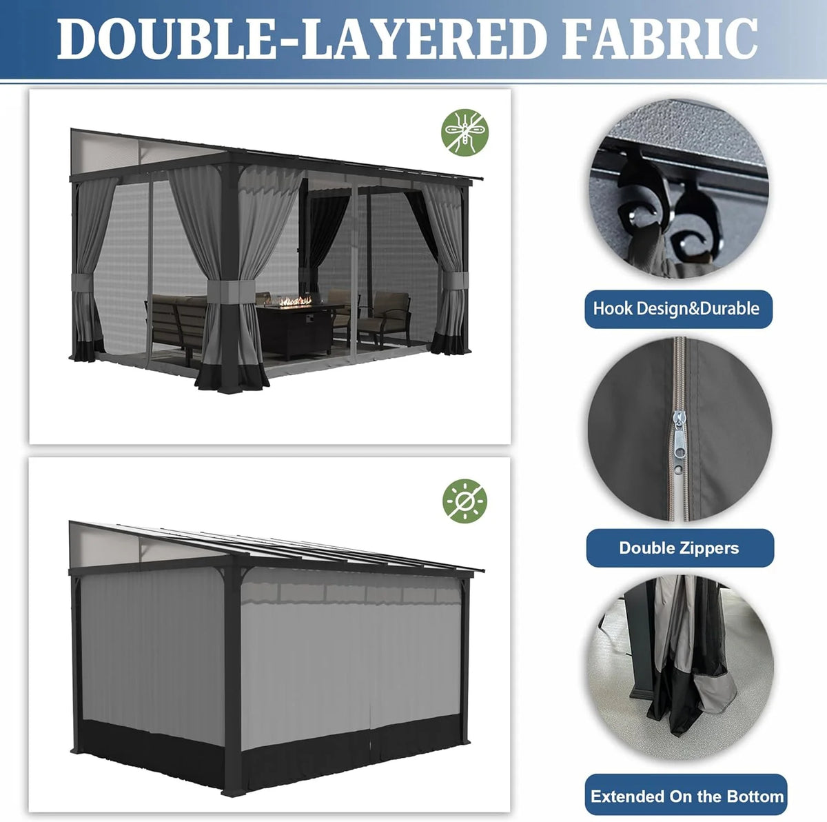 10x24FT Hardtop Wall Mounted Gazebo with Metal Frame and Curtains, Grey J688