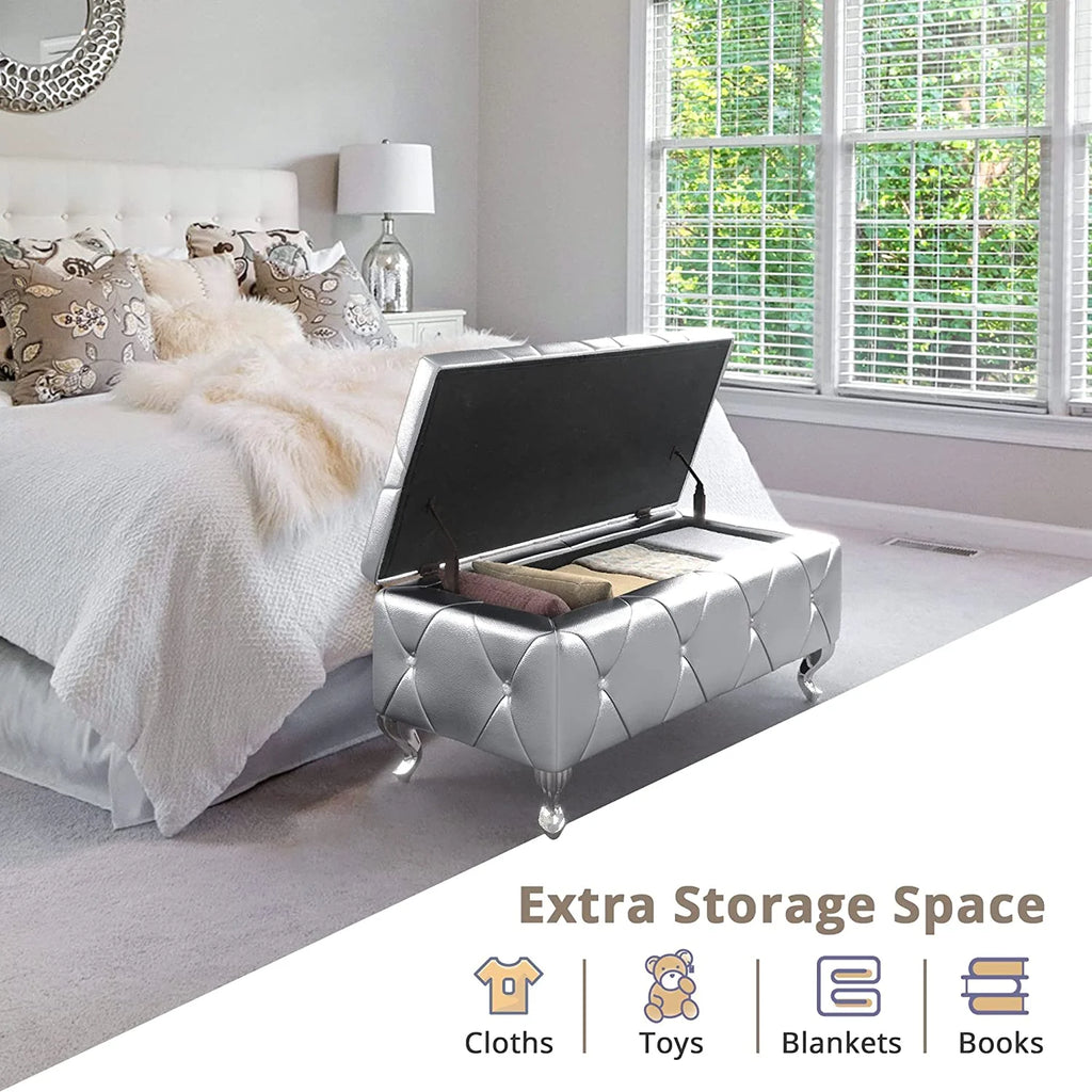 38'' Silver Faux Leather Storage Ottoman Bench P772