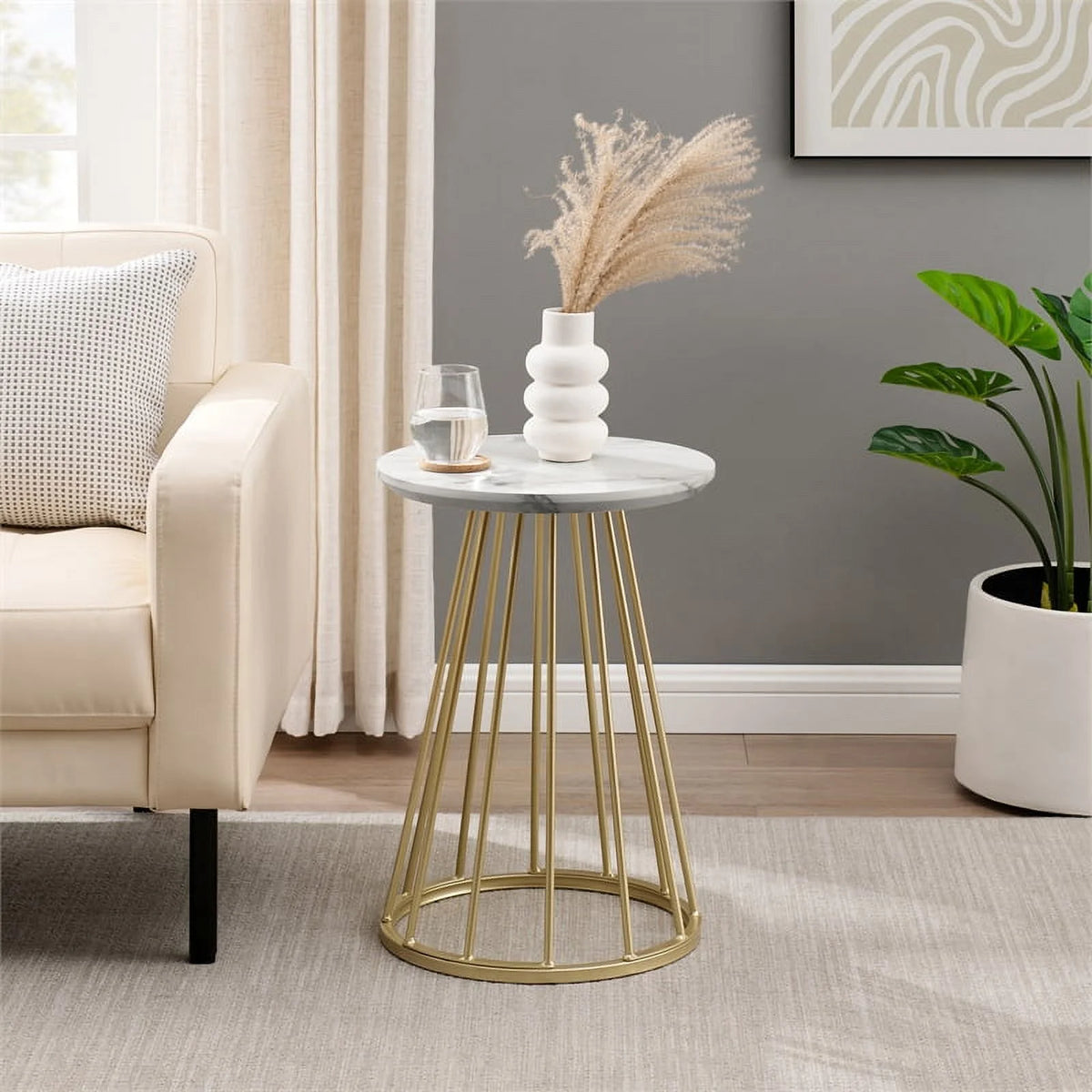 16" Modern Wood Side Table with Metal Caged Base X145255