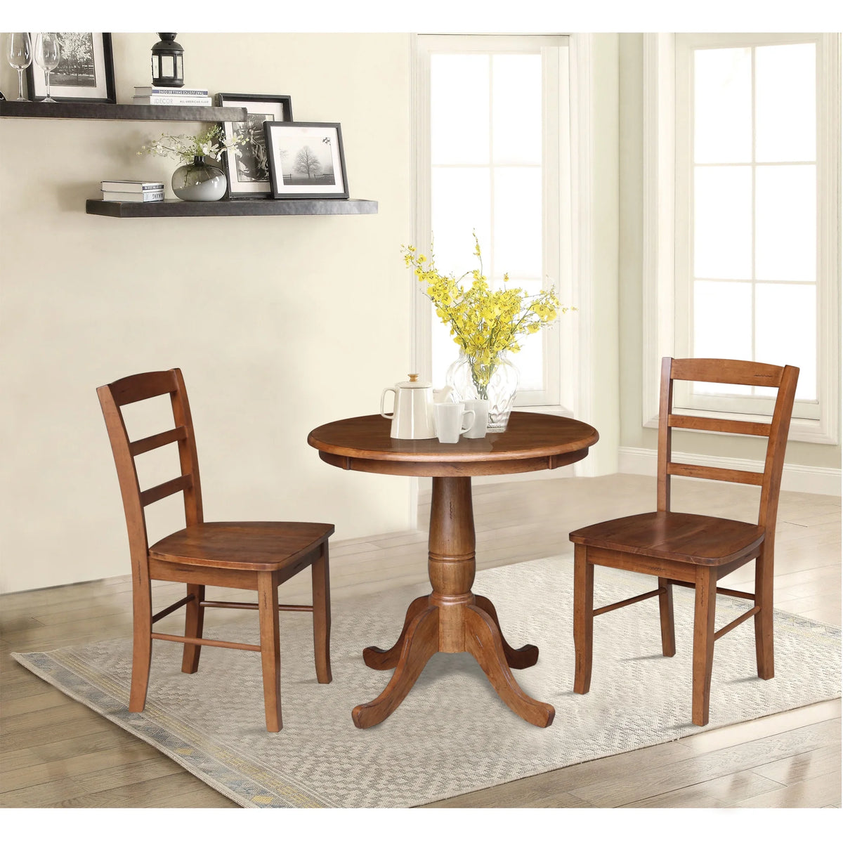 30'' Round Solid Wood Pedestal Dining Table with 2 Ladder Back Chairs Y590422