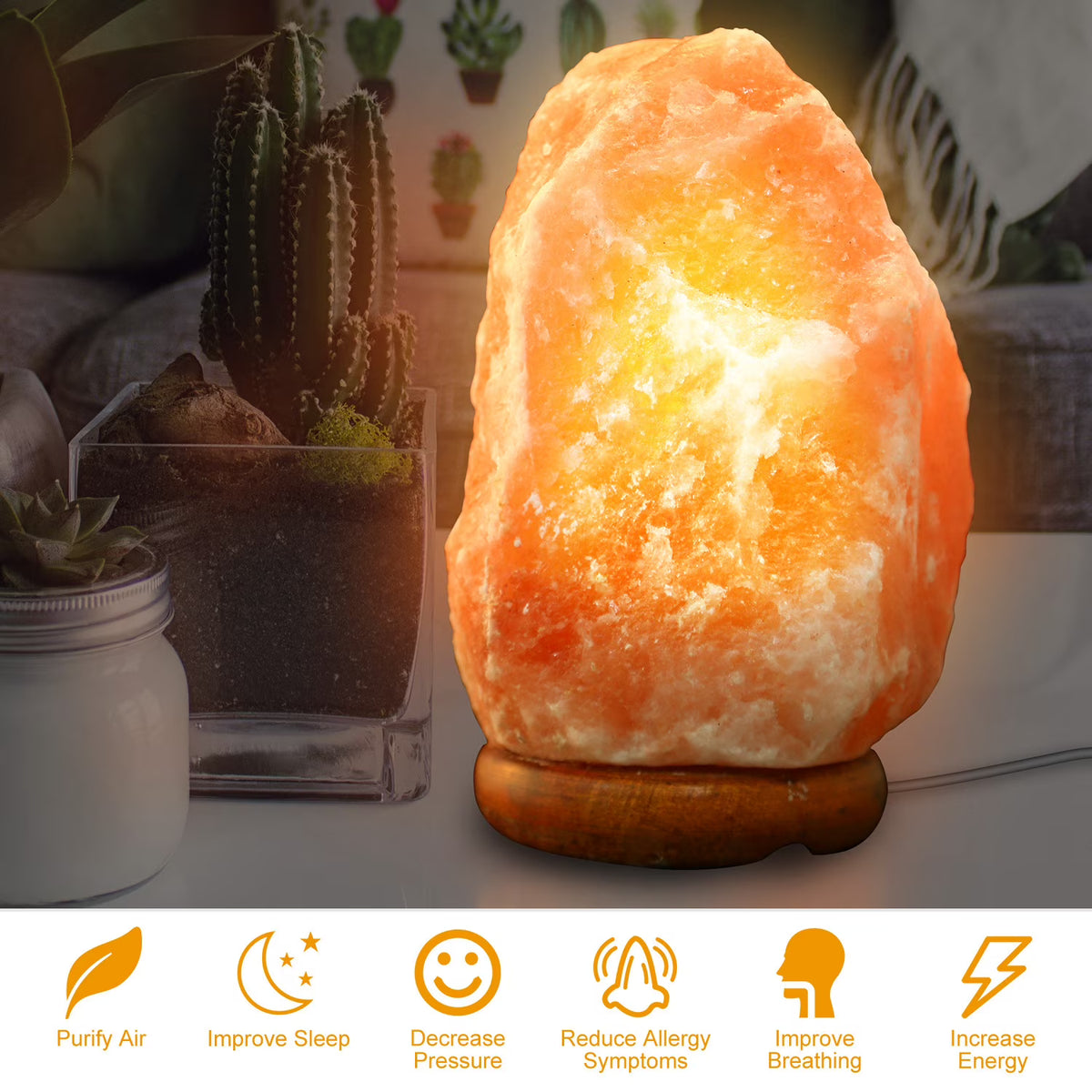 Salt Lamp with Dimmer Switch Hand Carved Table Lamp with Wood Base I46008