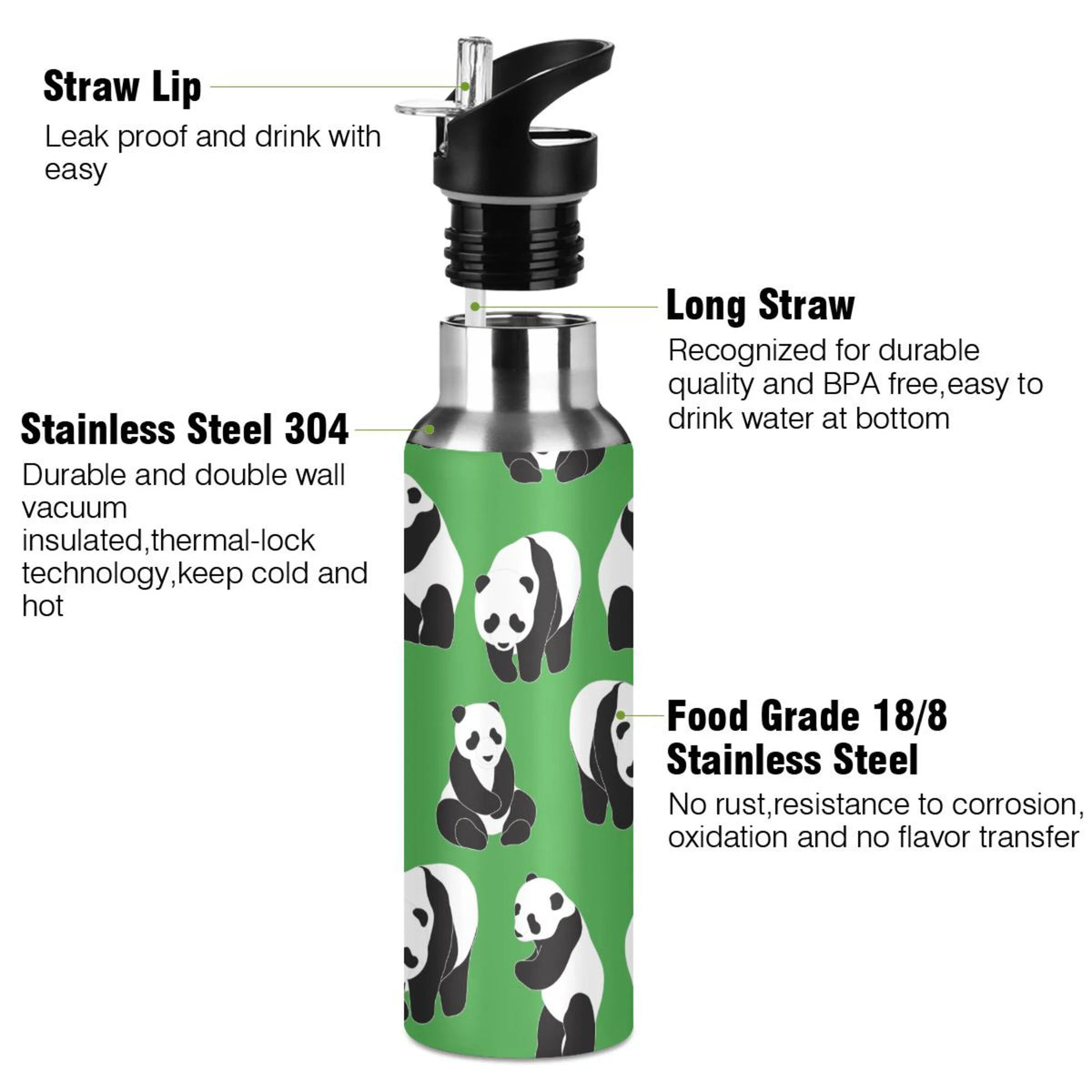 Green Stainless Steel Vacuum Insulated Water Bottle with Straw Lid 20 OZ V428174