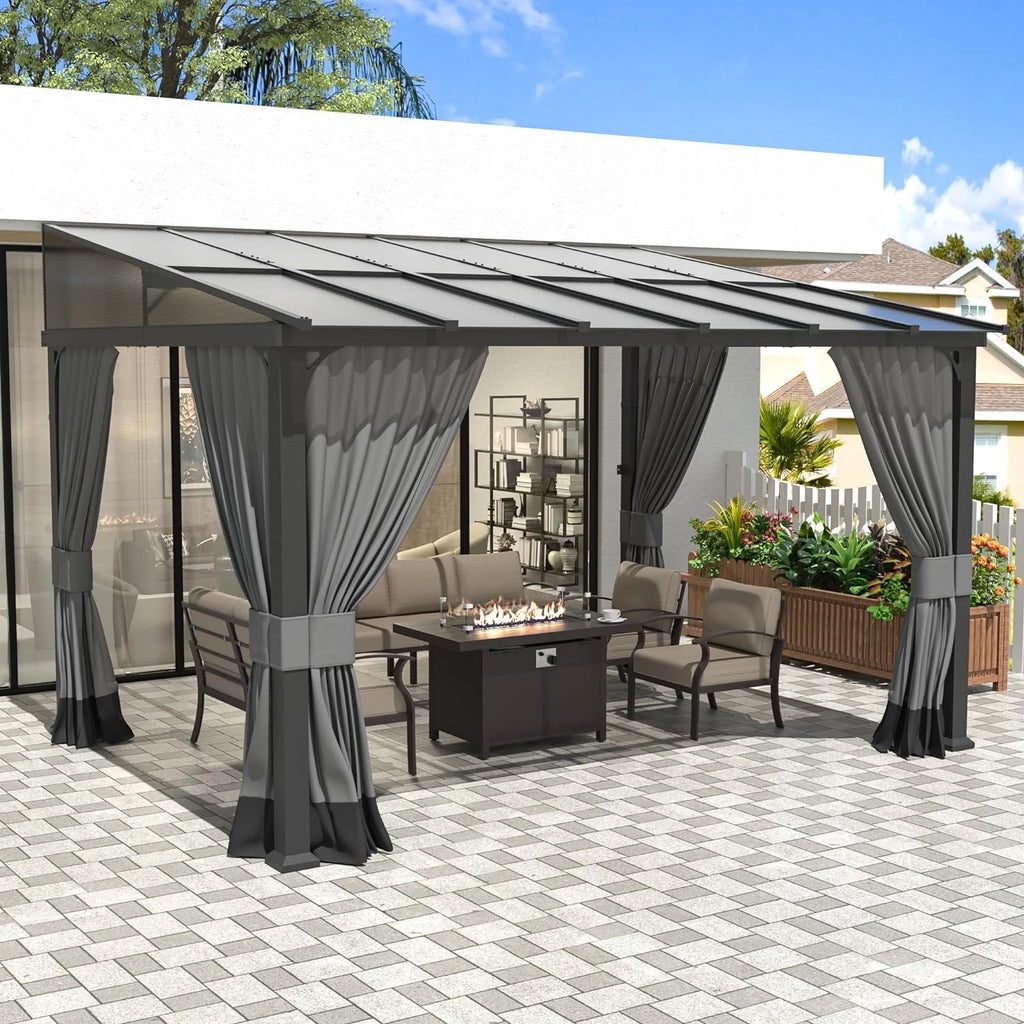 10x24FT Hardtop Wall Mounted Gazebo with Metal Frame and Curtains, Grey J688