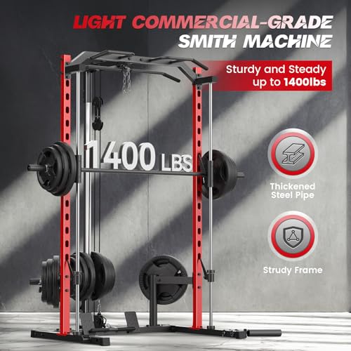 Smith Machine with LAT-Pull Down, Power Cage with Cable Crossover, Squat Rack with Landmine, Barbell Bar, Plate Storage Pegs J3365