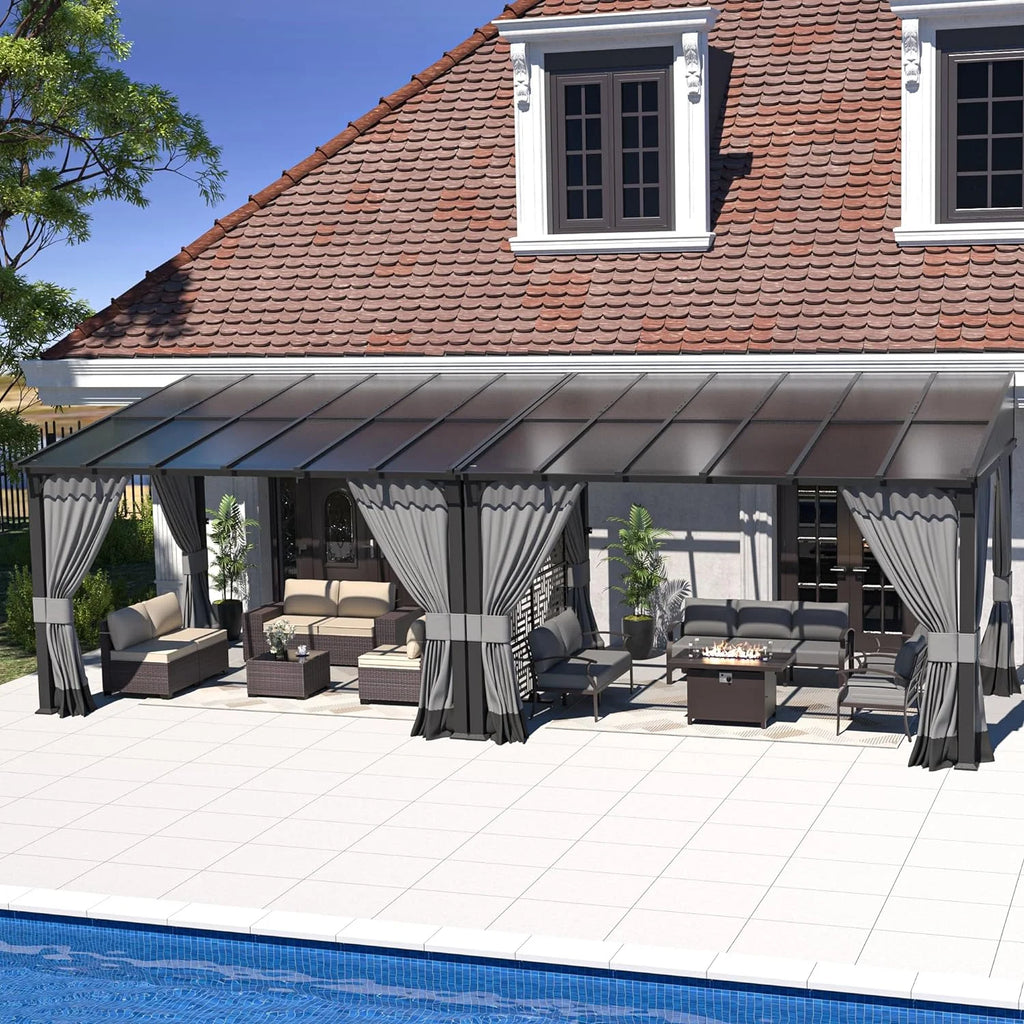 10x24FT Hardtop Wall Mounted Gazebo with Metal Frame and Curtains, Grey J688