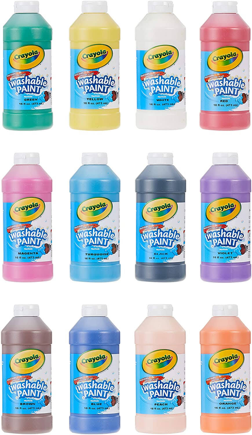 Assorted 16 oz Washable Paint, 12 per Set O34267