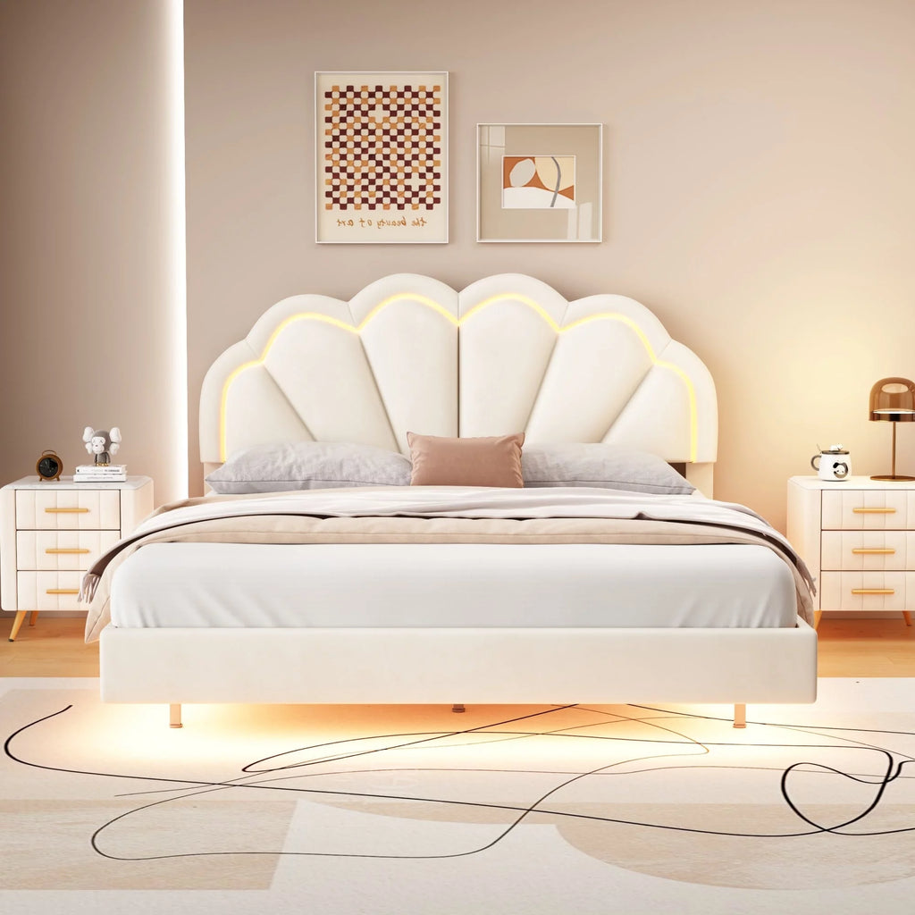 Queen Size Platform Bed Frame with LED - Beige N567248