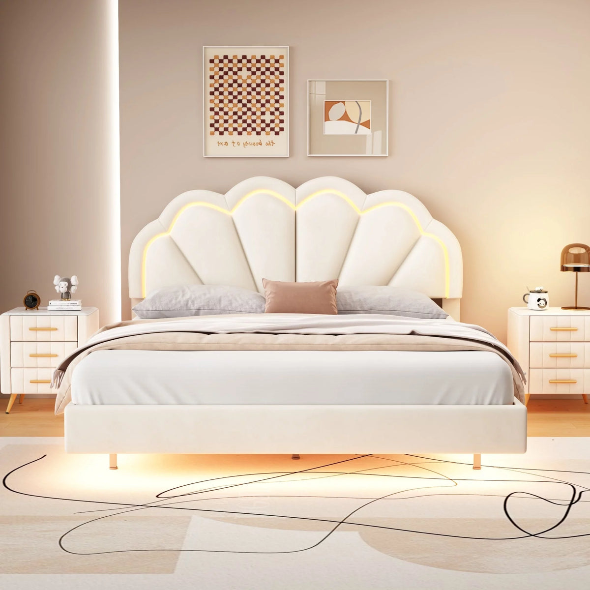 Queen Size Platform Bed Frame with LED - Beige N567248