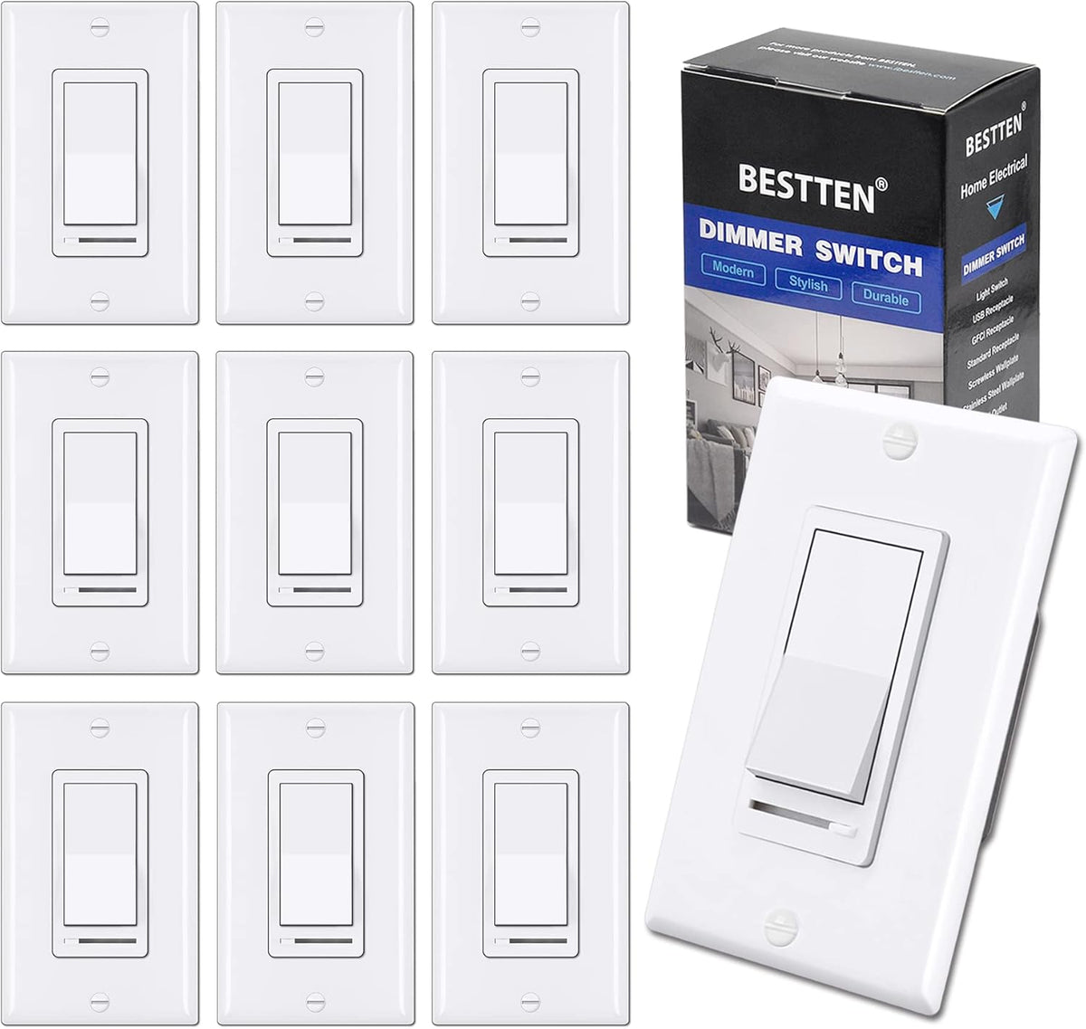 10 Pack Dimmer Light Switch, Single-Pole or 3-Way, White Z87454