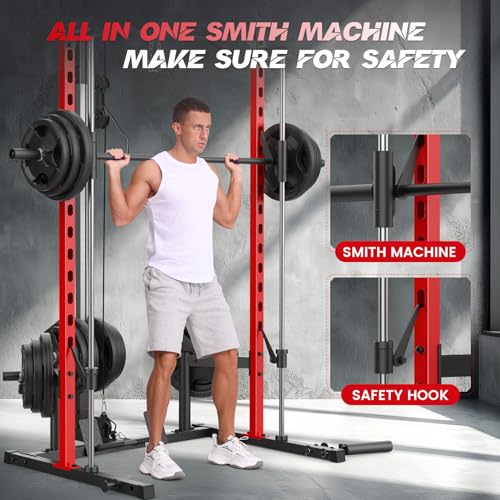 Smith Machine with LAT-Pull Down, Power Cage with Cable Crossover, Squat Rack with Landmine, Barbell Bar, Plate Storage Pegs J3365