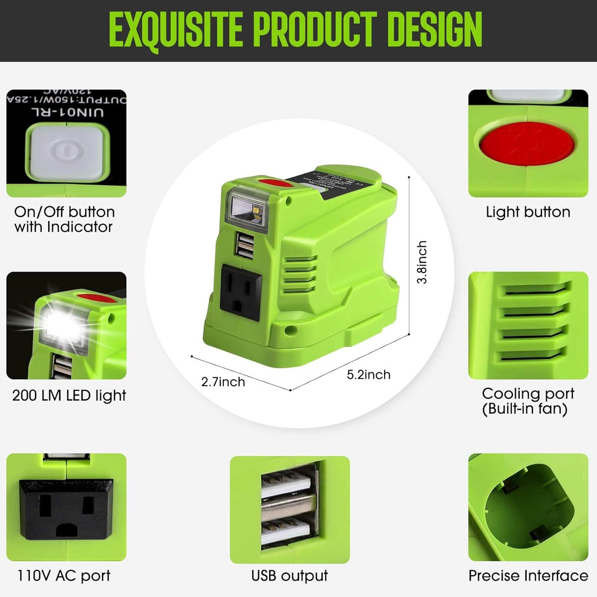 150W Power Inverter for 18V Battery with 2 USB, LED Light, AC Outlet J9862