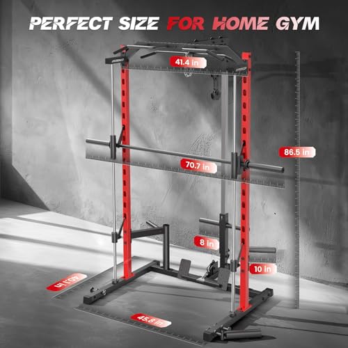 Smith Machine with LAT-Pull Down, Power Cage with Cable Crossover, Squat Rack with Landmine, Barbell Bar, Plate Storage Pegs J3365