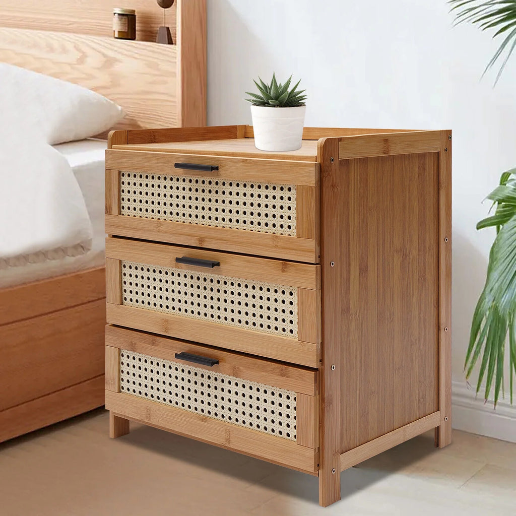 Bamboo Wood 3 Sliding Drawers Nightstand A435882
