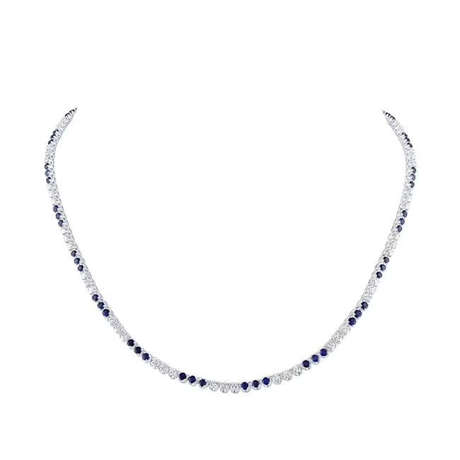 14K White Gold Round Blue Sapphire Diamond Tennis Necklace T1475