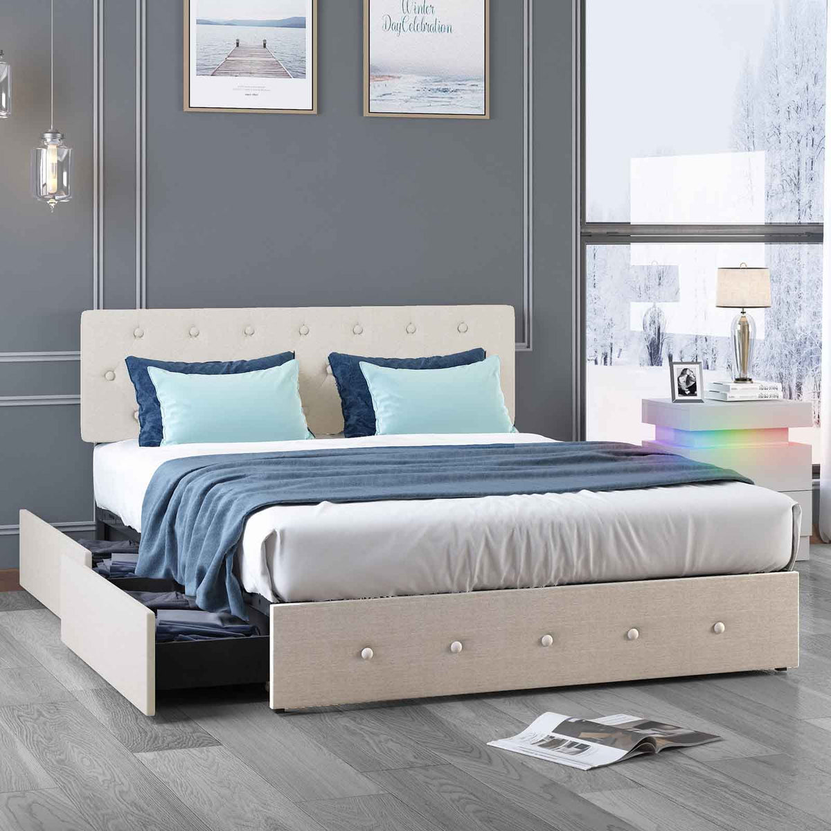 Queen Size Bed Frame with Storage Drawers and Adjustable Headboard S344