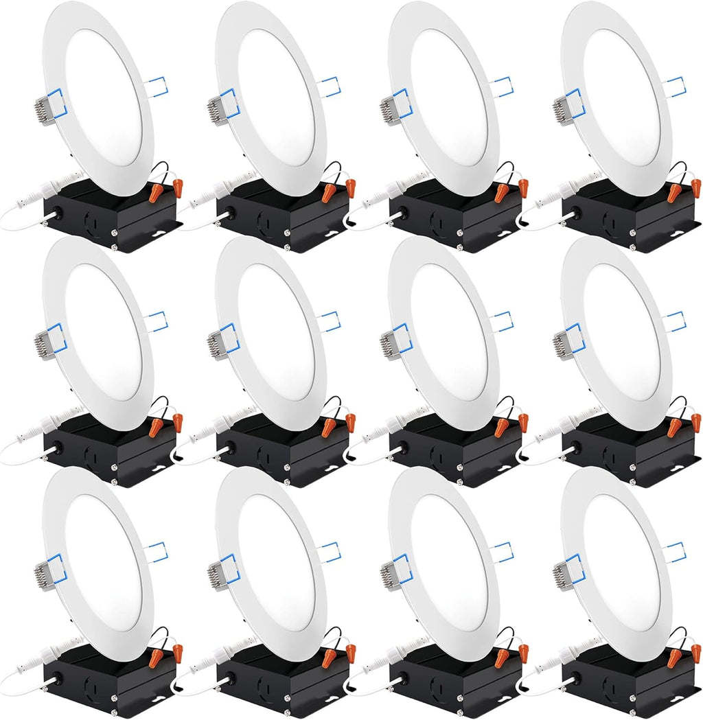 12 Pack 4 Inch Ultra Thin LED Recessed Ceiling Lights, 5000K Daylight, Dimmable, 10W=60W, 650 LM, Canless Wafer Thin with Junction Box S252558