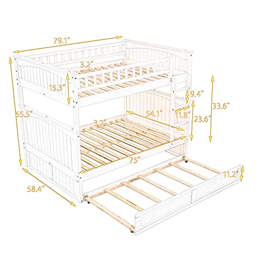 White Twin-Over-Twin Wood Bunk Bed with Trundle and Storage Stairs F751