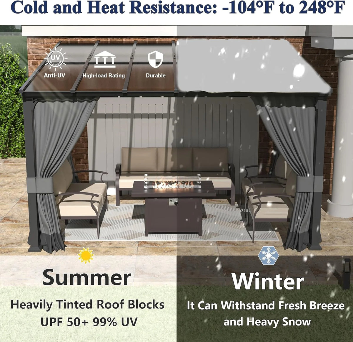 10x24FT Hardtop Wall Mounted Gazebo with Metal Frame and Curtains, Grey J688