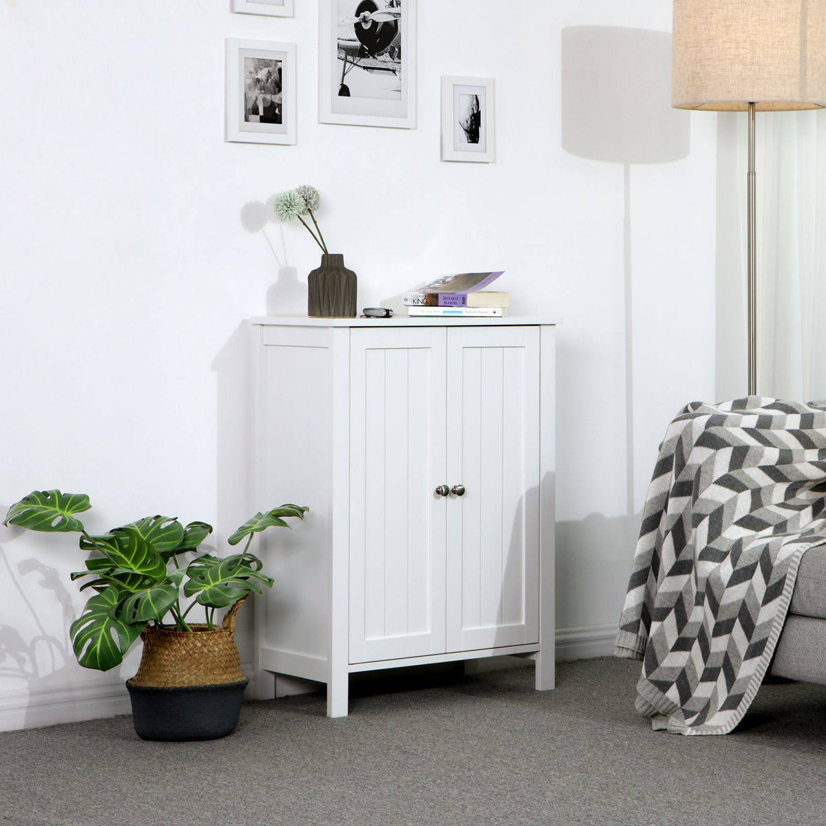 White Double Door Adjustable Shelf Bathroom Floor Storage Cabinet L94991