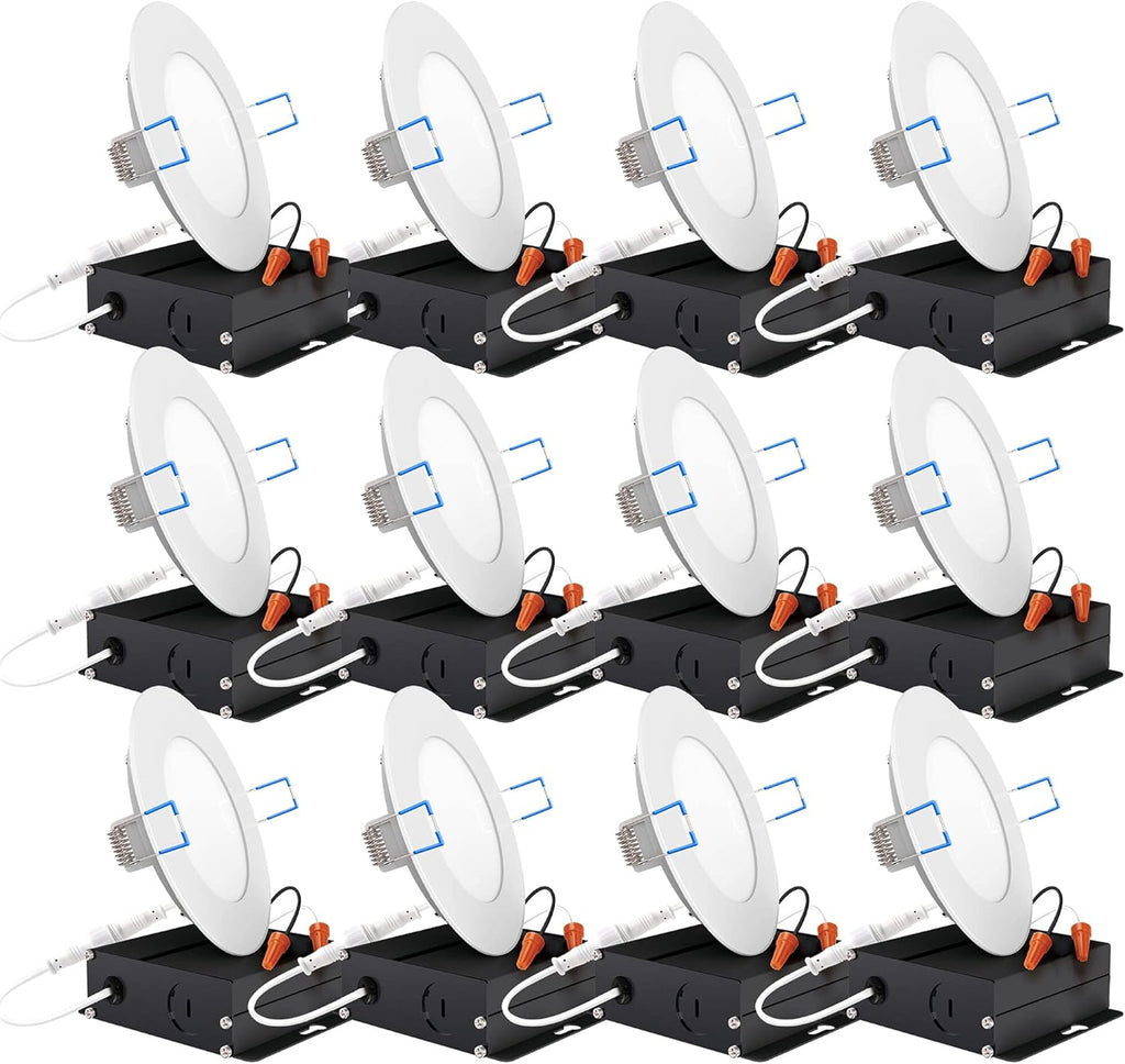 12 Pack 4 Inch Ultra Thin LED Recessed Ceiling Lights, 5000K Daylight, Dimmable, 10W=60W, 650 LM, Canless Wafer Thin with Junction Box S252558
