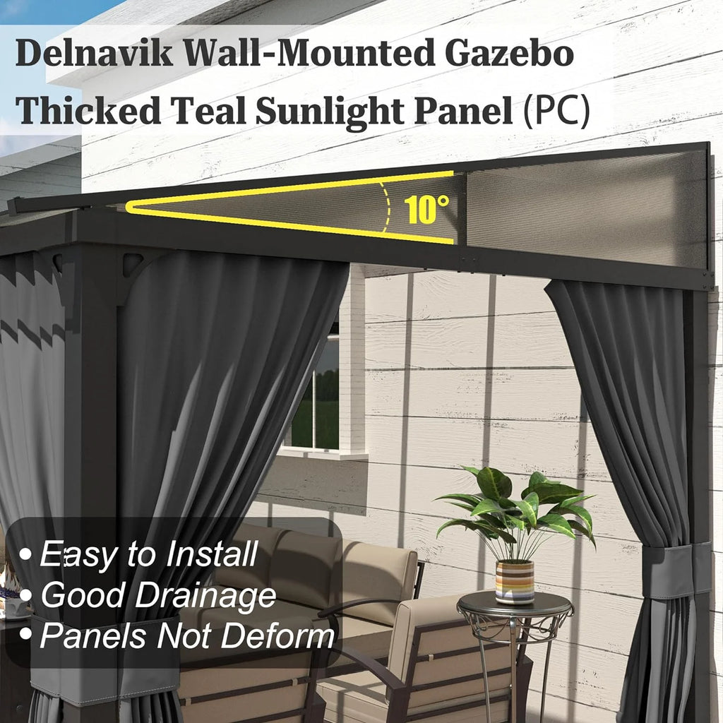 10x24FT Hardtop Wall Mounted Gazebo with Metal Frame and Curtains, Grey J688