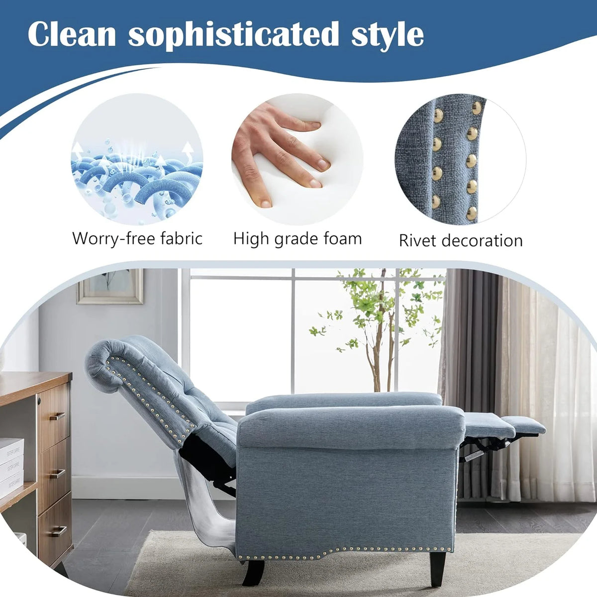 Blue Linen Tufted Recliner Sofa X19591