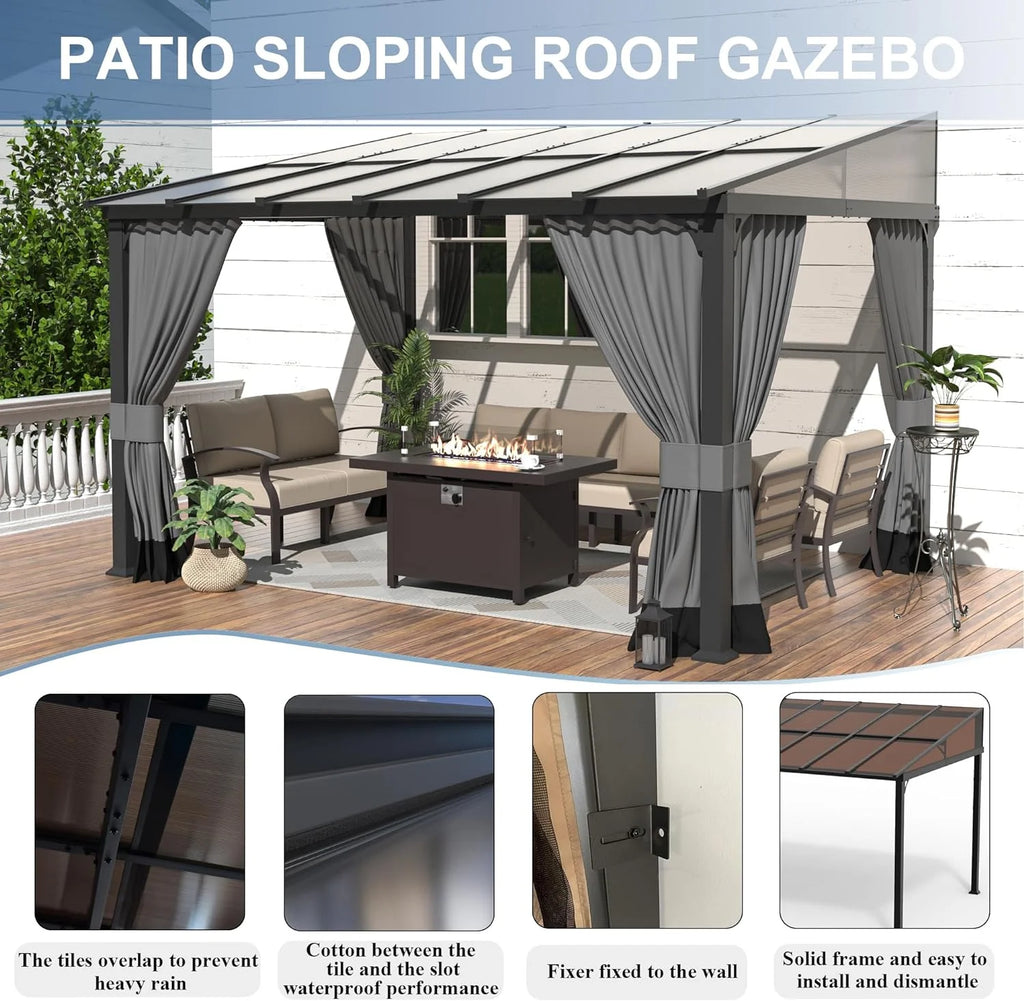 10x24FT Hardtop Wall Mounted Gazebo with Metal Frame and Curtains, Grey J688
