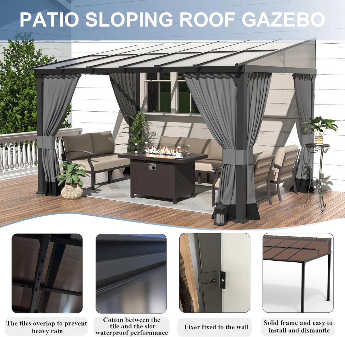 10x24FT Hardtop Wall Mounted Gazebo with Metal Frame and Curtains, Grey J688